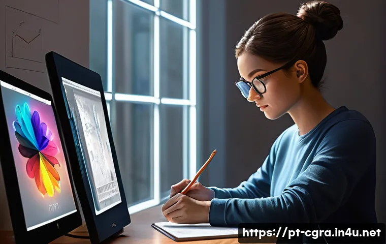 컴퓨터그래픽스운용기능사 취업 가능 직군 - **Prompt 1: The Digital Sculptor's Focus**
A highly skilled 3D character artist, a woman in her ...