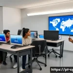 Home 20 컴퓨터그래픽스운용기능사 관련 정부 지원 프로그램 - A modern technical classroom in a Brazilian federal institute, featuring young adult students of div...