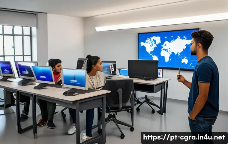 컴퓨터그래픽스운용기능사 관련 정부 지원 프로그램 - A modern technical classroom in a Brazilian federal institute, featuring young adult students of div...