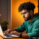 Home 19 컴퓨터그래픽스운용기능사 자격증 공부 꿀팁 - A focused young adult studying graphic design on a modern laptop in a cozy home office, surrounded b...