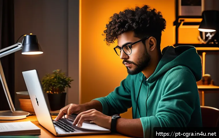 컴퓨터그래픽스운용기능사 자격증 공부 꿀팁 - A focused young adult studying graphic design on a modern laptop in a cozy home office, surrounded b...